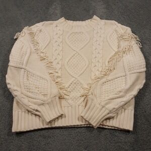 Line And Dot Sweater Fringe Crew Neck Pullover Womens Large Beige Knit Heavy